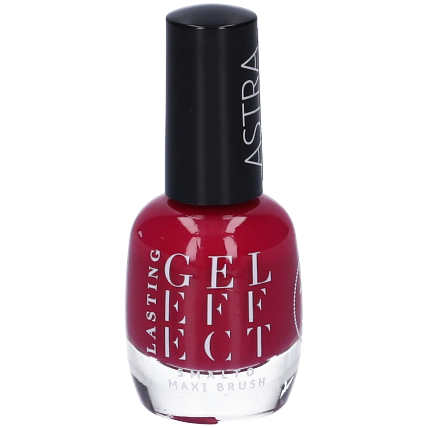 Flacone di smalto rosso. Tappo nero con logo ASTRA. Scritta: LASTING GEL EFFECT.