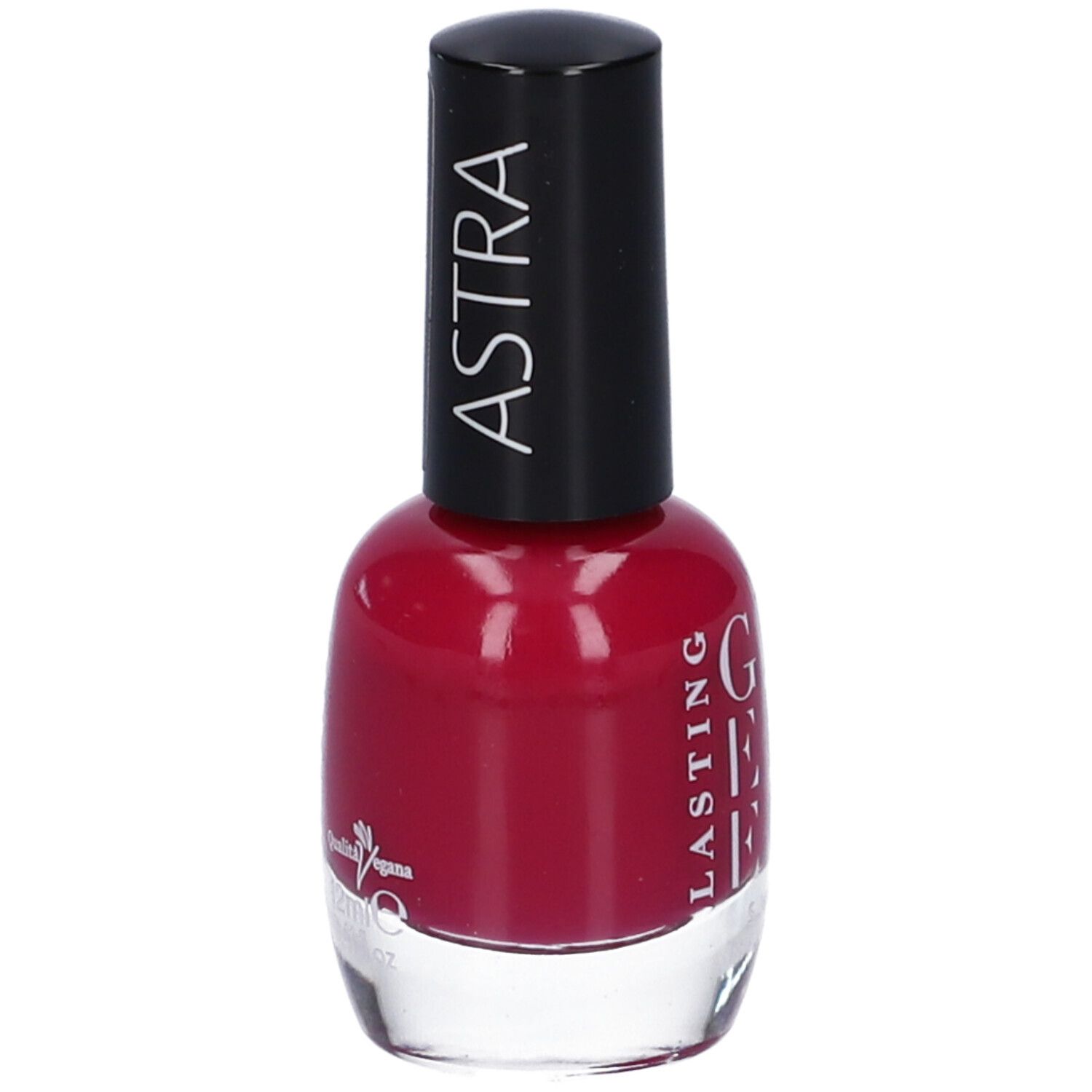 Flacone di smalto rosso. Tappo nero con logo ASTRA. Scritta: LASTING GEL EFFECT. Logo Vegan.