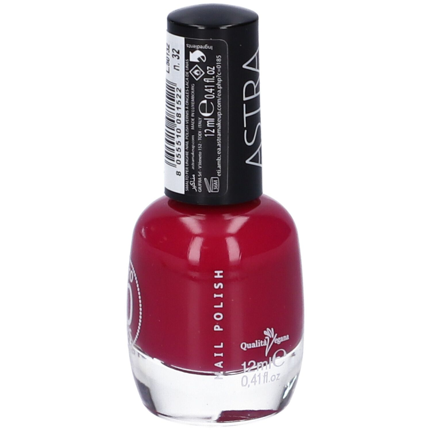 Flacone di smalto rosso. Tappo nero con logo ASTRA. Scritta: 12 ml, 0,41 fl oz. Logo Vegan. Tonalità 32.