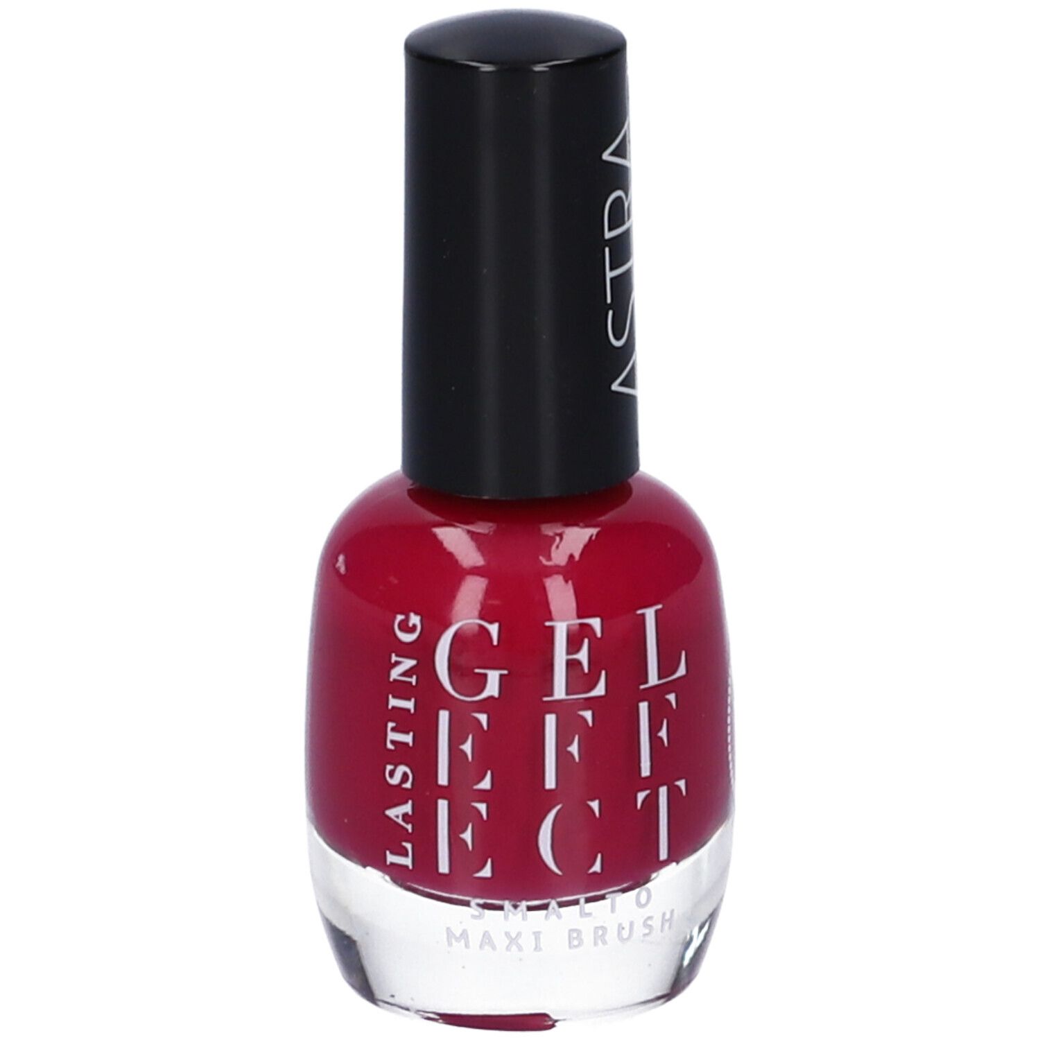 Flacone di smalto rosso. Tappo nero con logo ASTRA. Scritta: LASTING GEL EFFECT. MAXI BRUSH.
