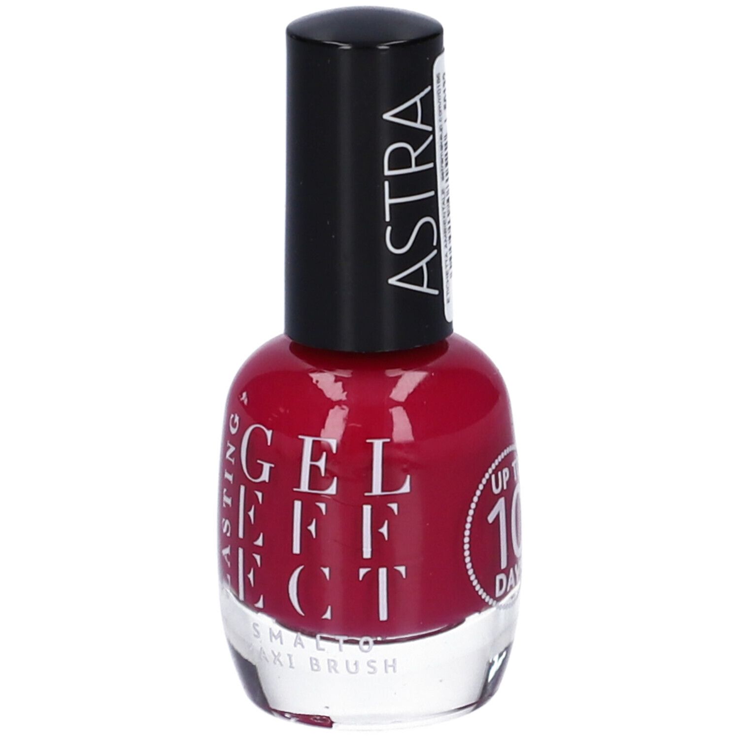 Flacone di smalto rosso. Tappo nero con logo ASTRA. Scritta: LASTING GEL EFFECT. Fino a 10 giorni.