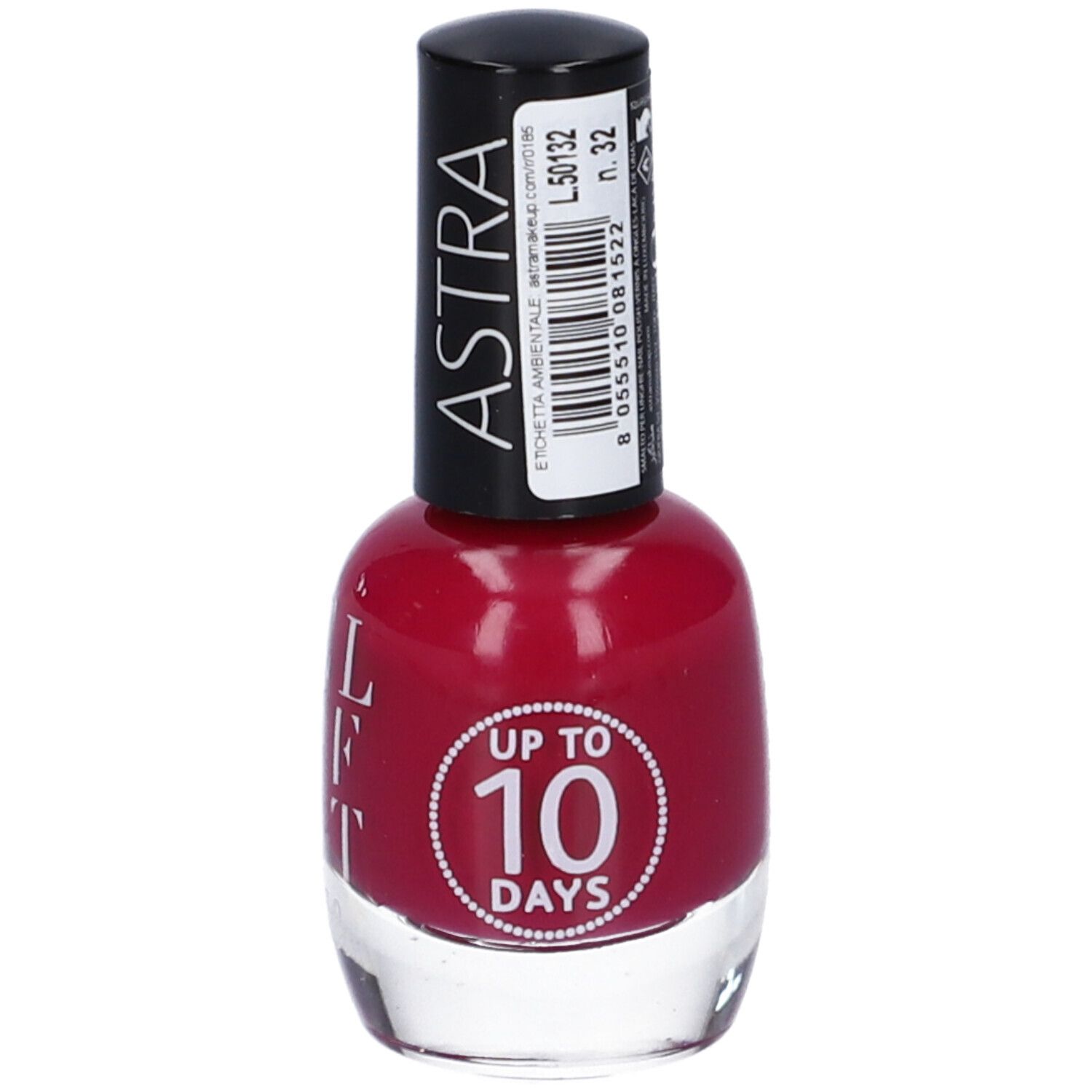 Flacone di smalto rosso. Tappo nero con logo ASTRA. Scritta: Fino a 10 giorni. Tonalità 32.