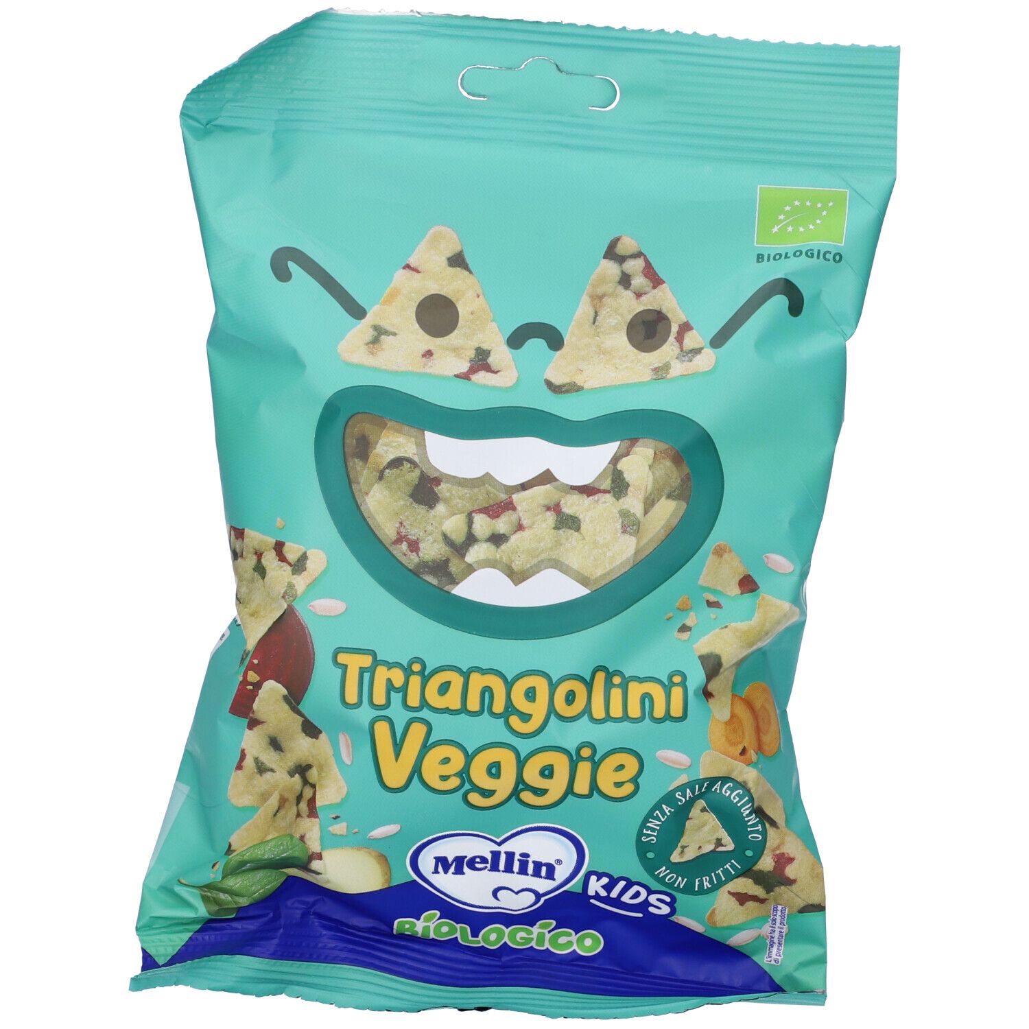 Confezione di Triangolini Veggie. Verde, con volto cartoon. Marchio bio. Logo Mellin. Snack triangolari visibili.