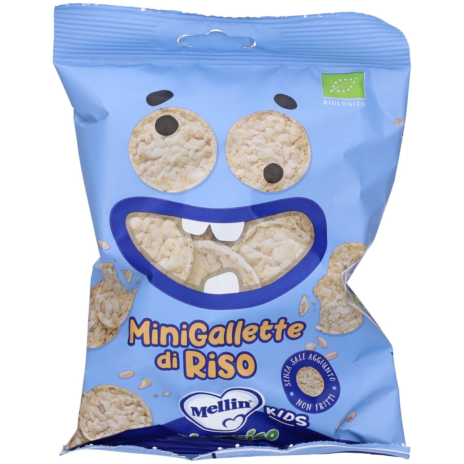 Confezione blu "MiniGallette di Riso". Certificazione bio. Faccia cartoon. Gallette di riso rotonde visibili.