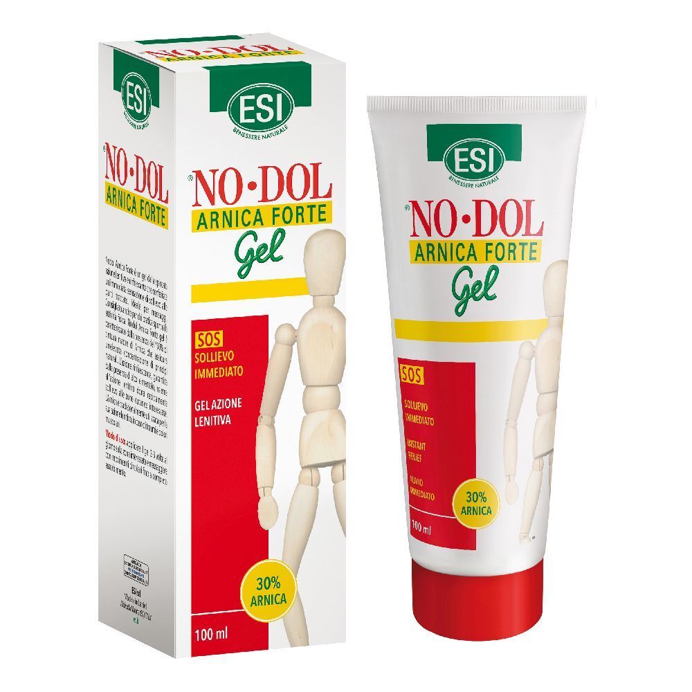 Tubo e confezione gel. Scritta: No Dol Arnica Forte Gel. 30% Arnica. 100 ml. Con figura di legno.
