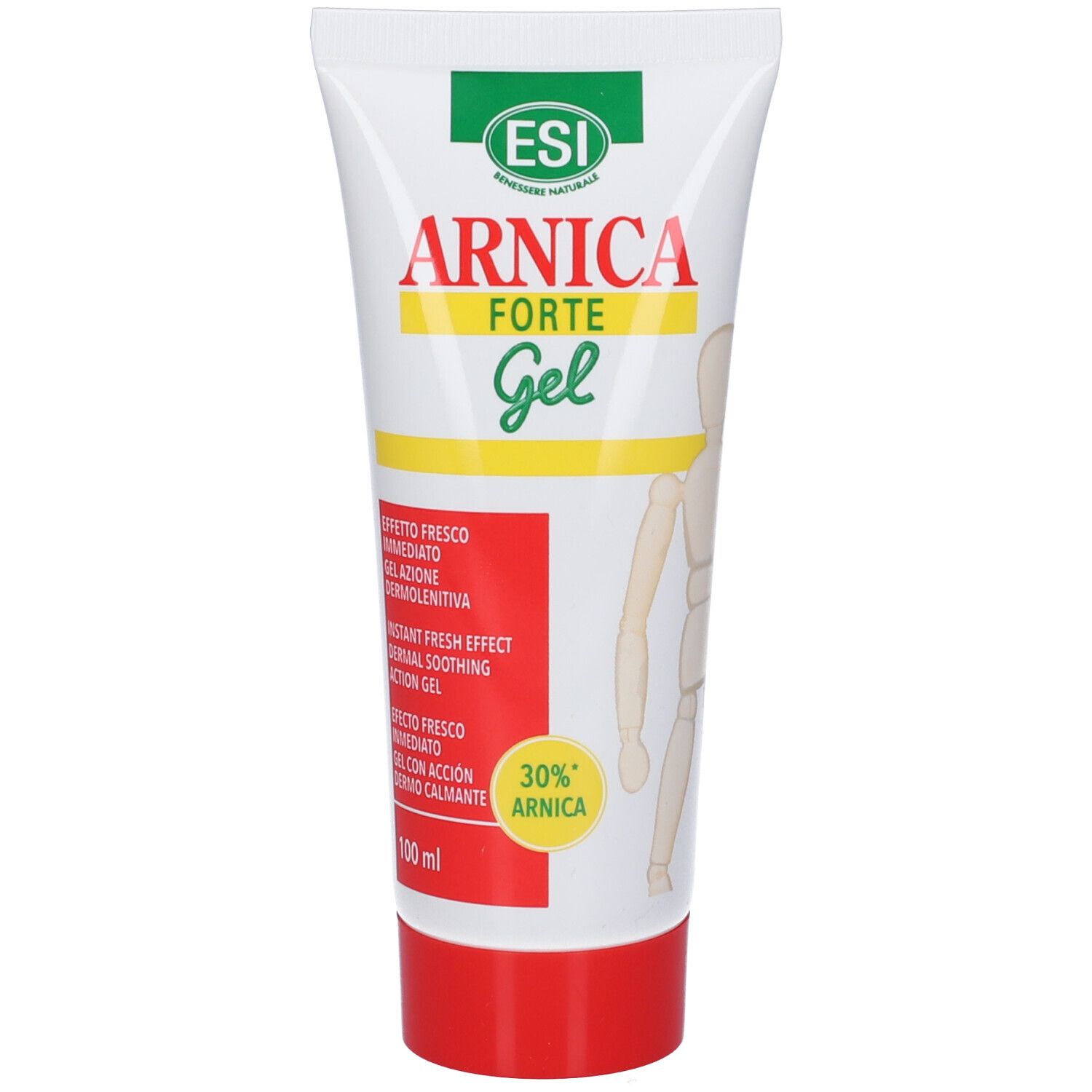 Tubo di gel. Scritta: Arnica Forte Gel. 30% Arnica. 100 ml. Tappo rosso. Con figura di legno.