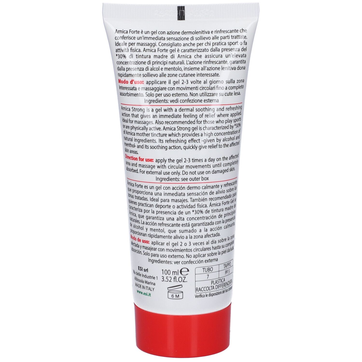 Retro del tubo di gel. Testo in italiano. Tappo rosso. 100 ml.