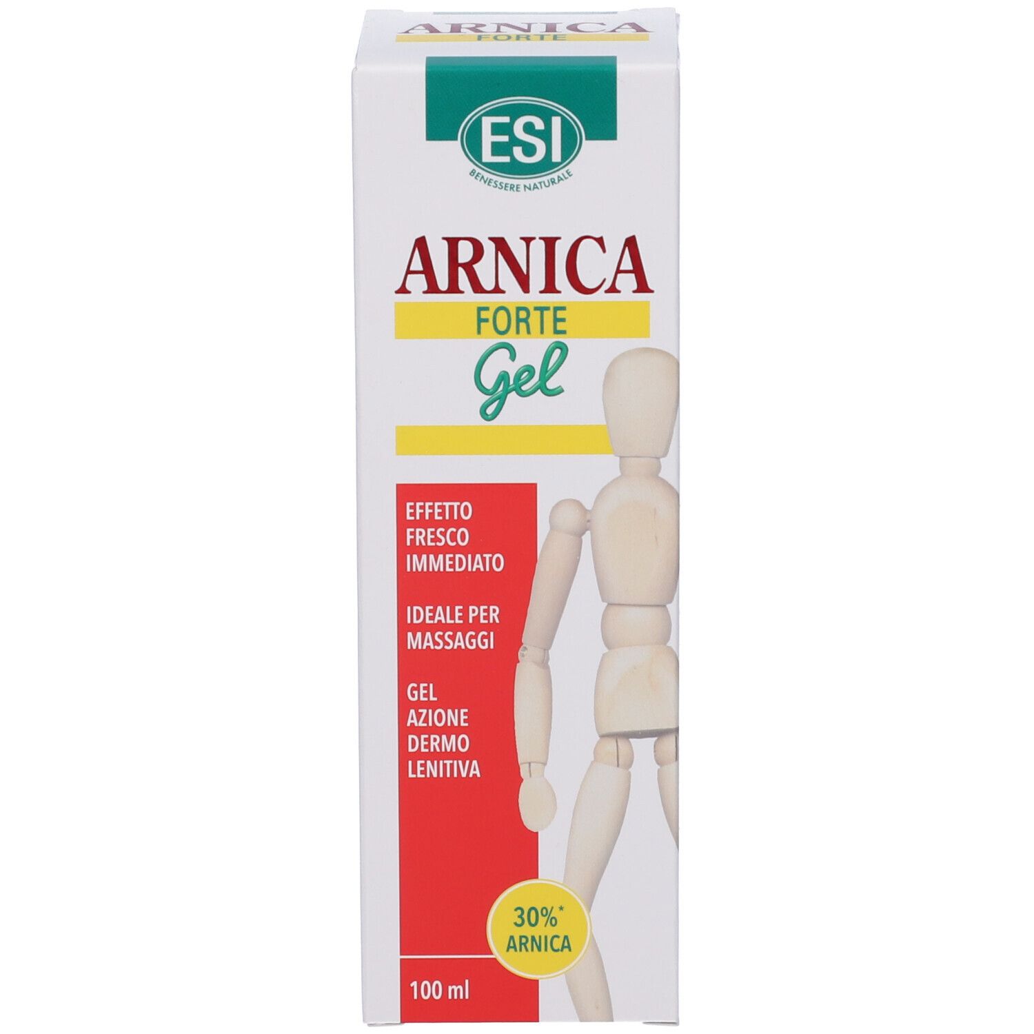 Confezione. Scritta: Arnica Forte Gel. 30% Arnica. 100 ml. Con figura di legno.