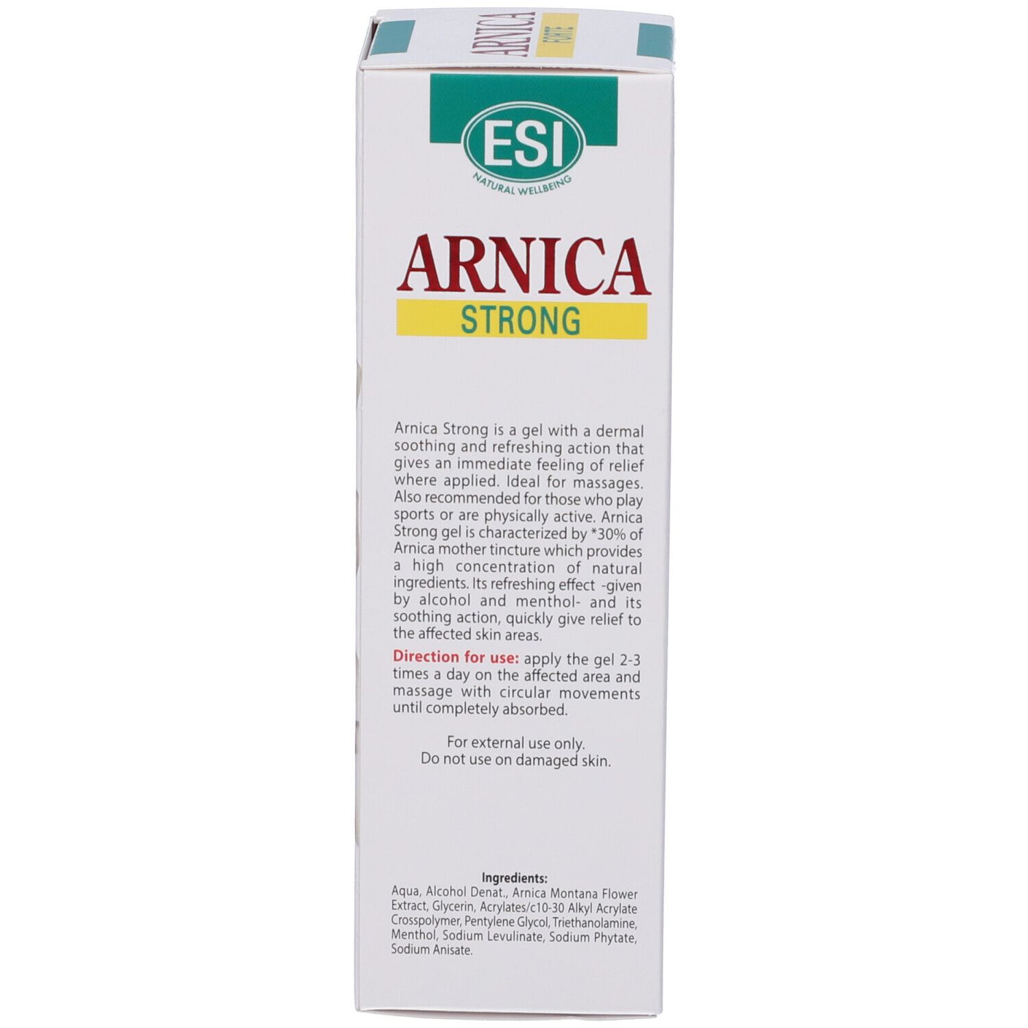 Retro della confezione. Testo in italiano. Scritta: Arnica Strong Gel.