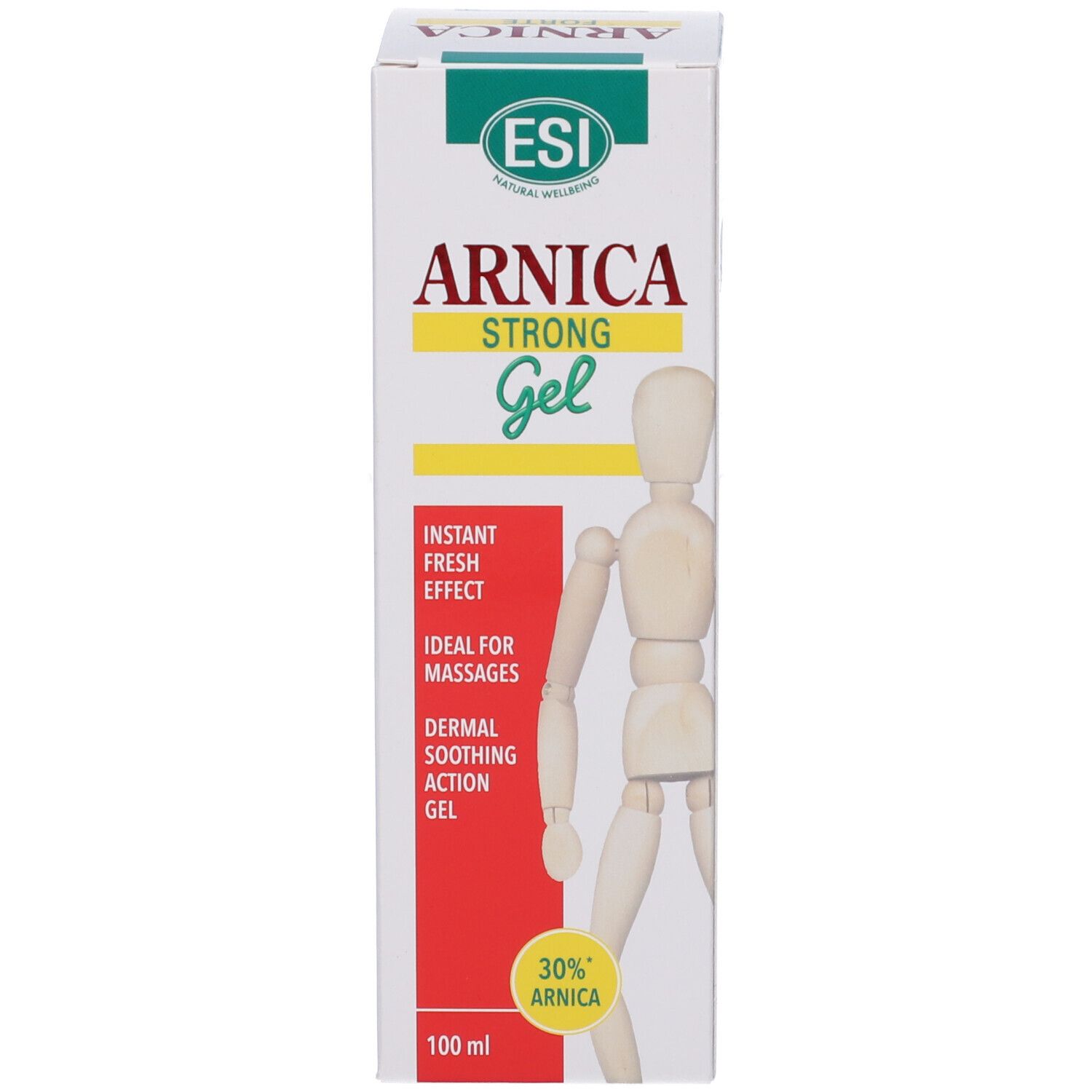 Confezione. Scritta: Arnica Strong Gel. 30% Arnica. 100 ml. Con figura di legno.