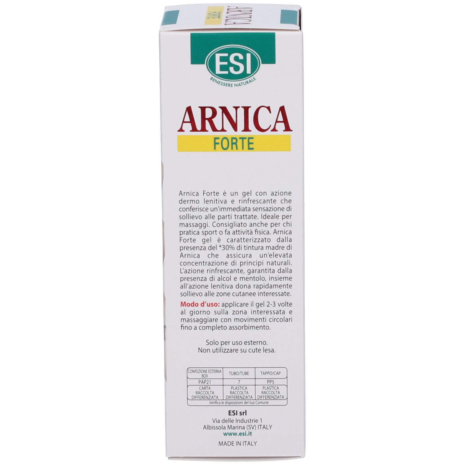 Retro della confezione. Testo in italiano. Scritta: Arnica Forte.