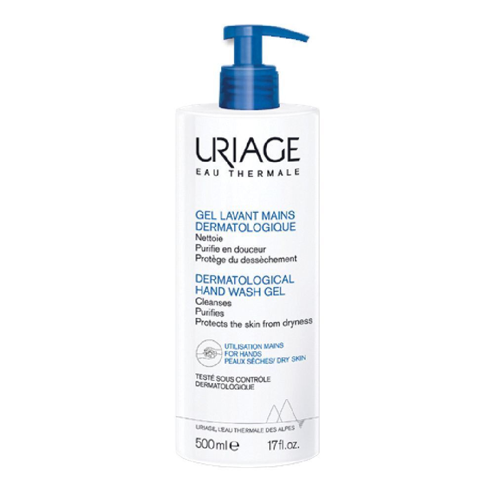 Flacon blanc avec pompe bleue. Inscription: URIAGE, Gel Lavant Mains Dermatologique. Gel lavant dermatologique pour les mains.