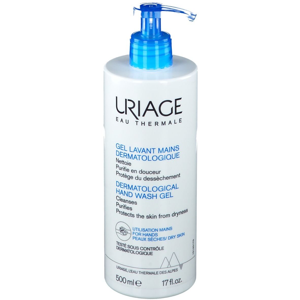 Flacon blanc avec pompe bleue. Inscription: URIAGE, Gel Lavant Mains Dermatologique. Gel lavant dermatologique pour les mains.