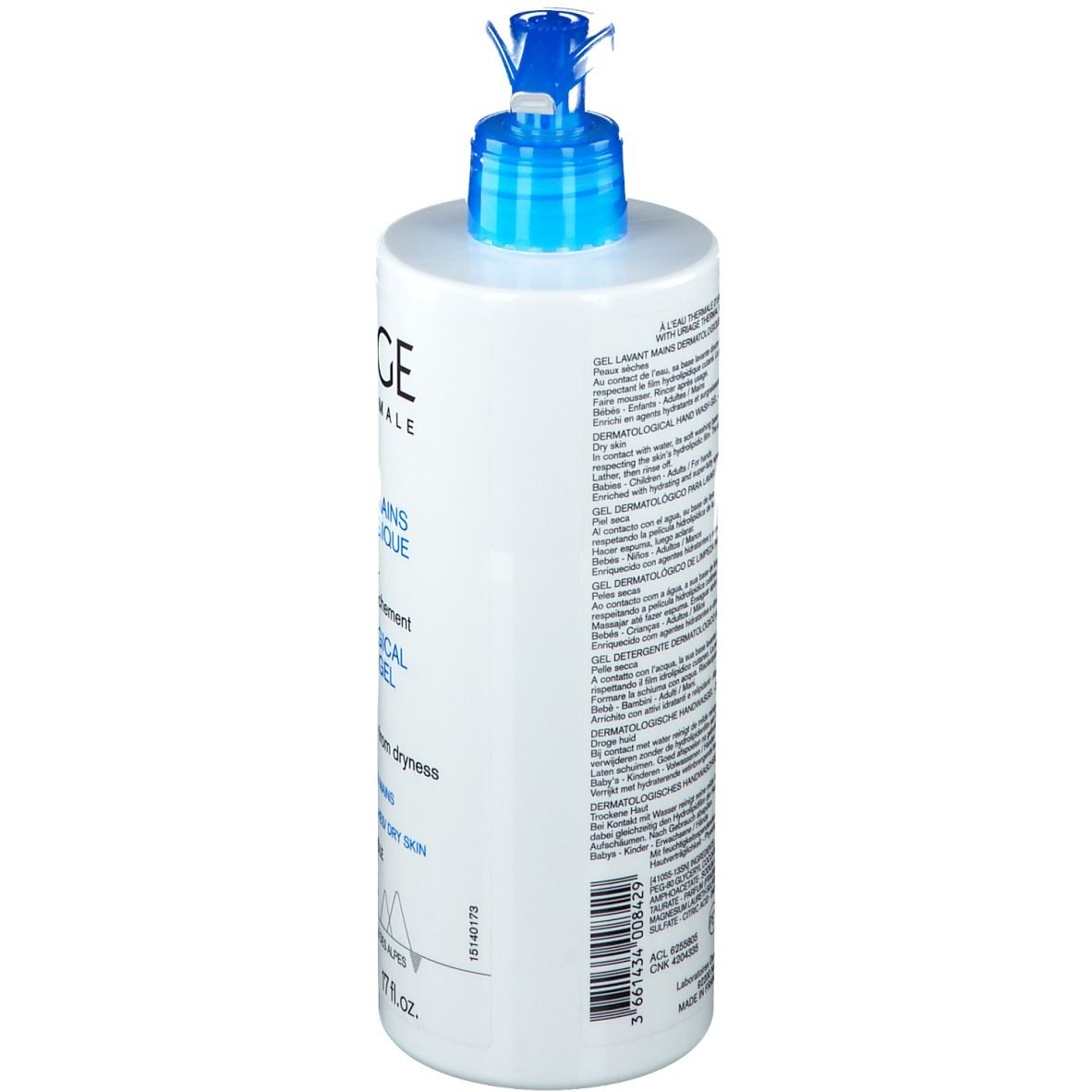 Flacon blanc avec pompe bleue. Inscription: URIAGE, Gel Lavant Mains Dermatologique. Gel lavant dermatologique pour les mains.