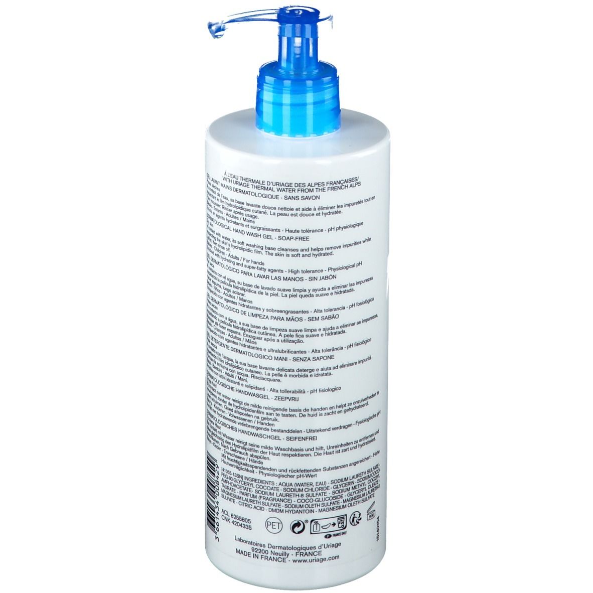 Flacon blanc avec pompe bleue. Inscription: URIAGE, Gel Lavant Mains Dermatologique. Gel lavant dermatologique pour les mains.