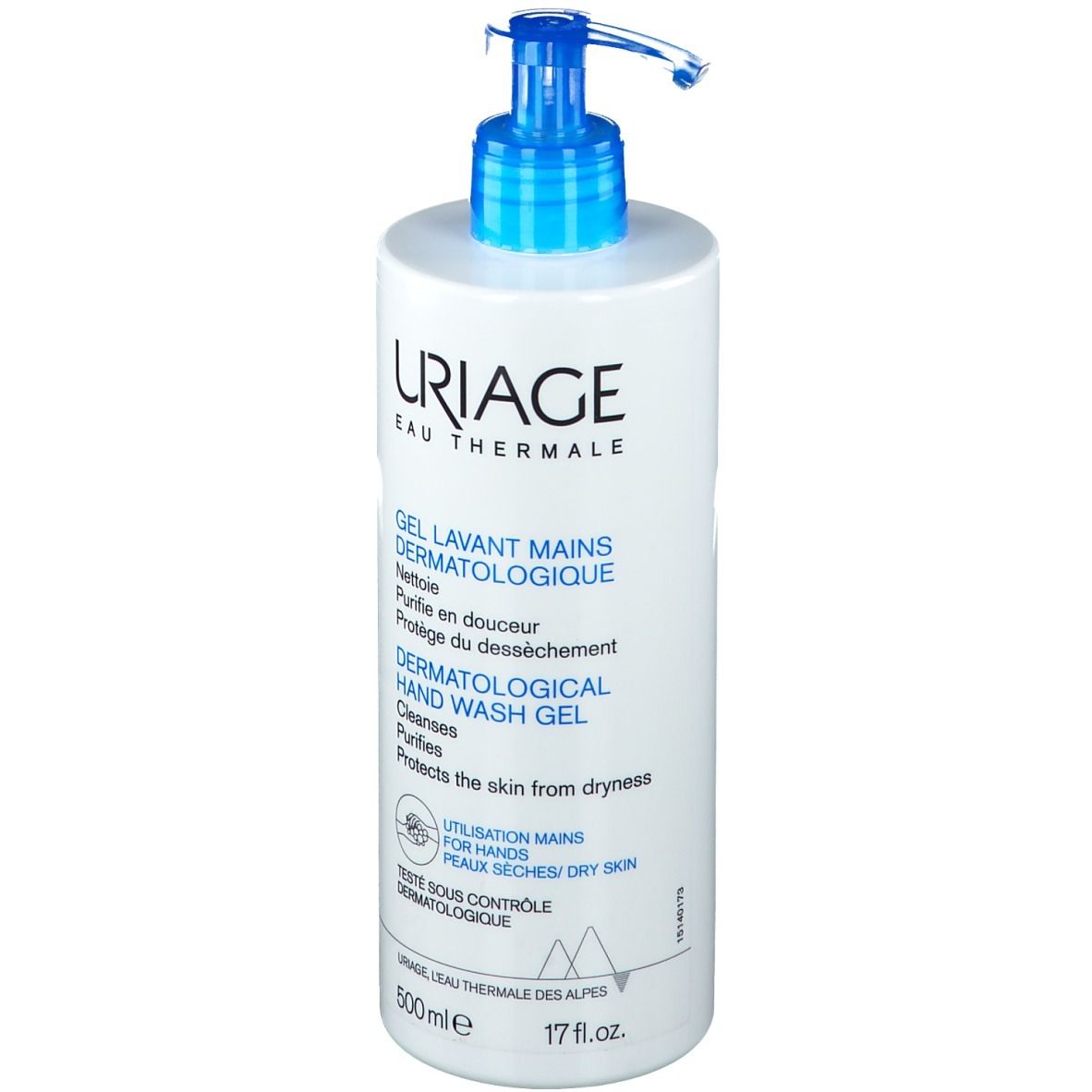 Flacon blanc avec pompe bleue. Inscription: URIAGE, Gel Lavant Mains Dermatologique. Gel lavant dermatologique pour les mains.