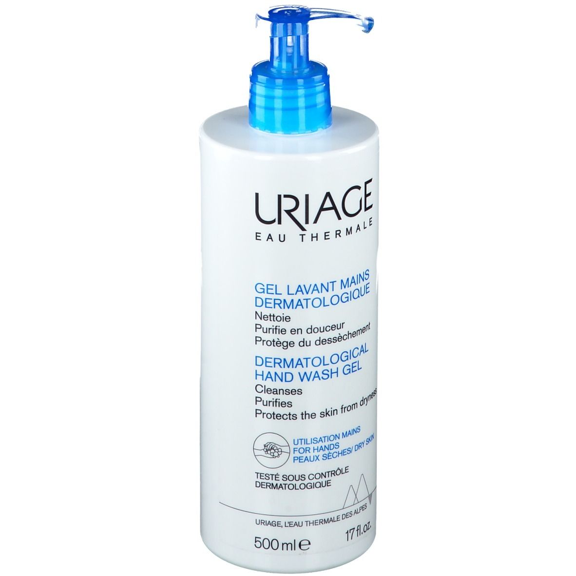 Flacon blanc avec pompe bleue. Inscription: URIAGE, Gel Lavant Mains Dermatologique. Gel lavant dermatologique pour les mains.
