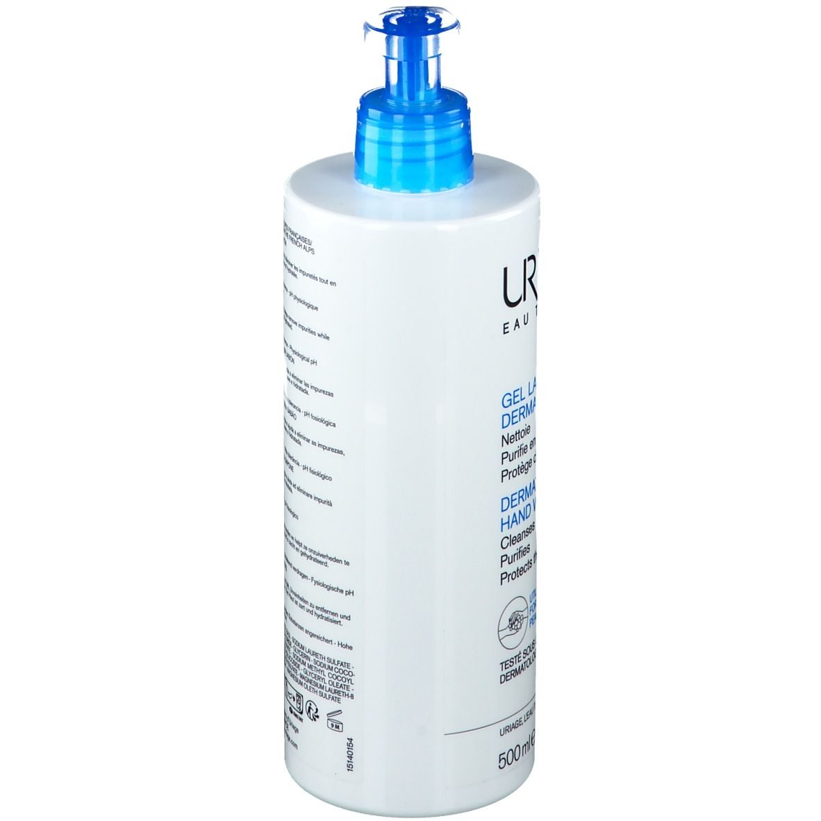 Flacon blanc avec pompe bleue. Inscription: URIAGE, Gel Lavant Mains Dermatologique. Gel lavant dermatologique pour les mains.