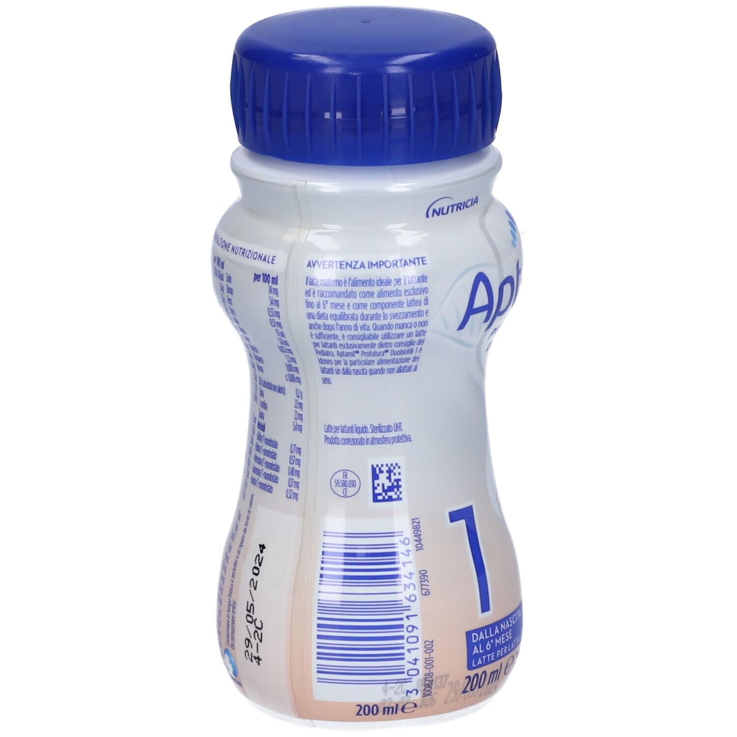 Retro della bottiglia Aptamil Profutura Duobiotik 1. Bottiglia bianca con tappo blu. Codice a barre, testo e data di scadenza.