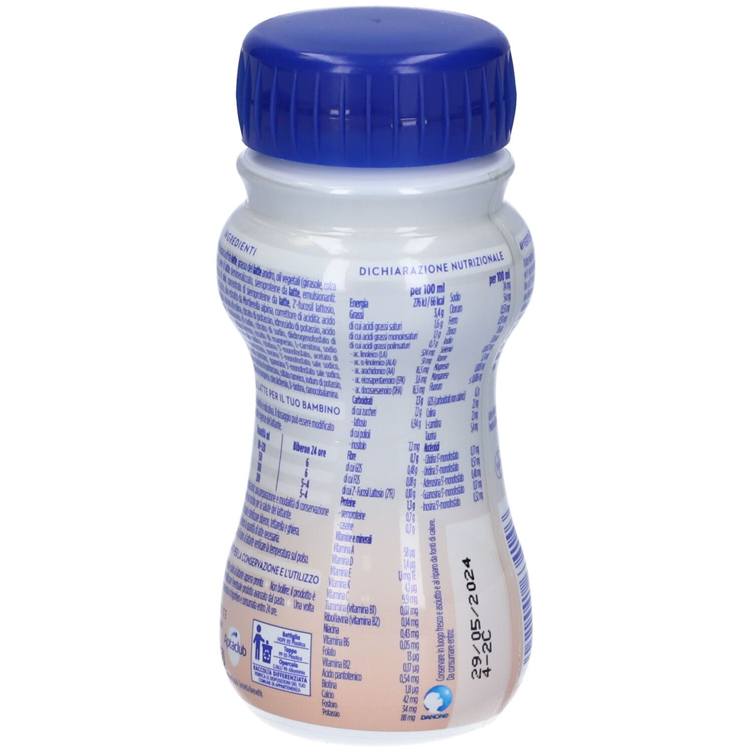 Retro della bottiglia Aptamil Profutura Duobiotik 1. Bottiglia bianca con tappo blu. Testo con informazioni nutrizionali e ingredienti.
