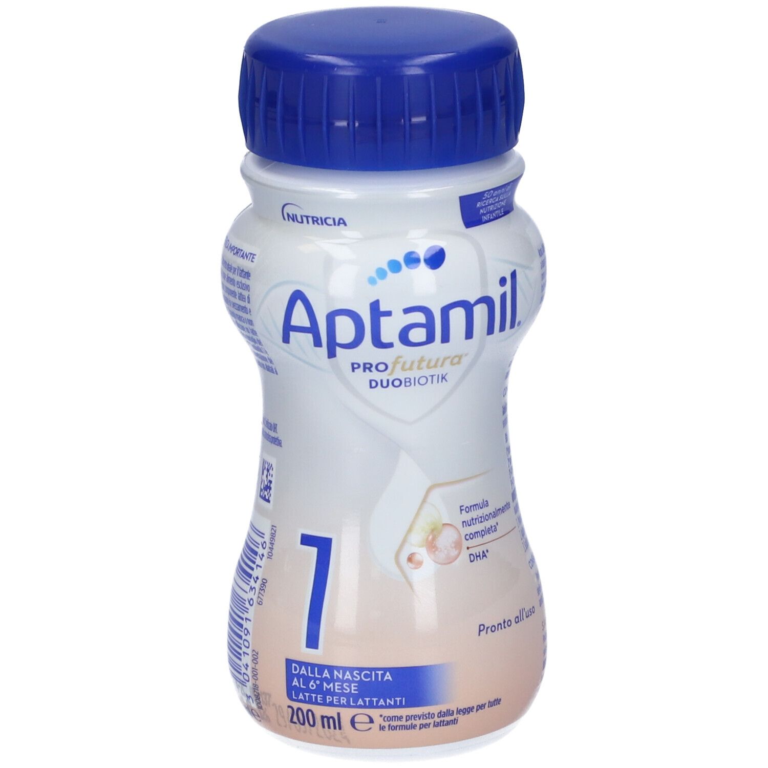 Bottiglia Aptamil Profutura Duobiotik 1. Bottiglia bianca e blu con tappo blu. Scritta: Aptamil, 1, DHA. 200ml.