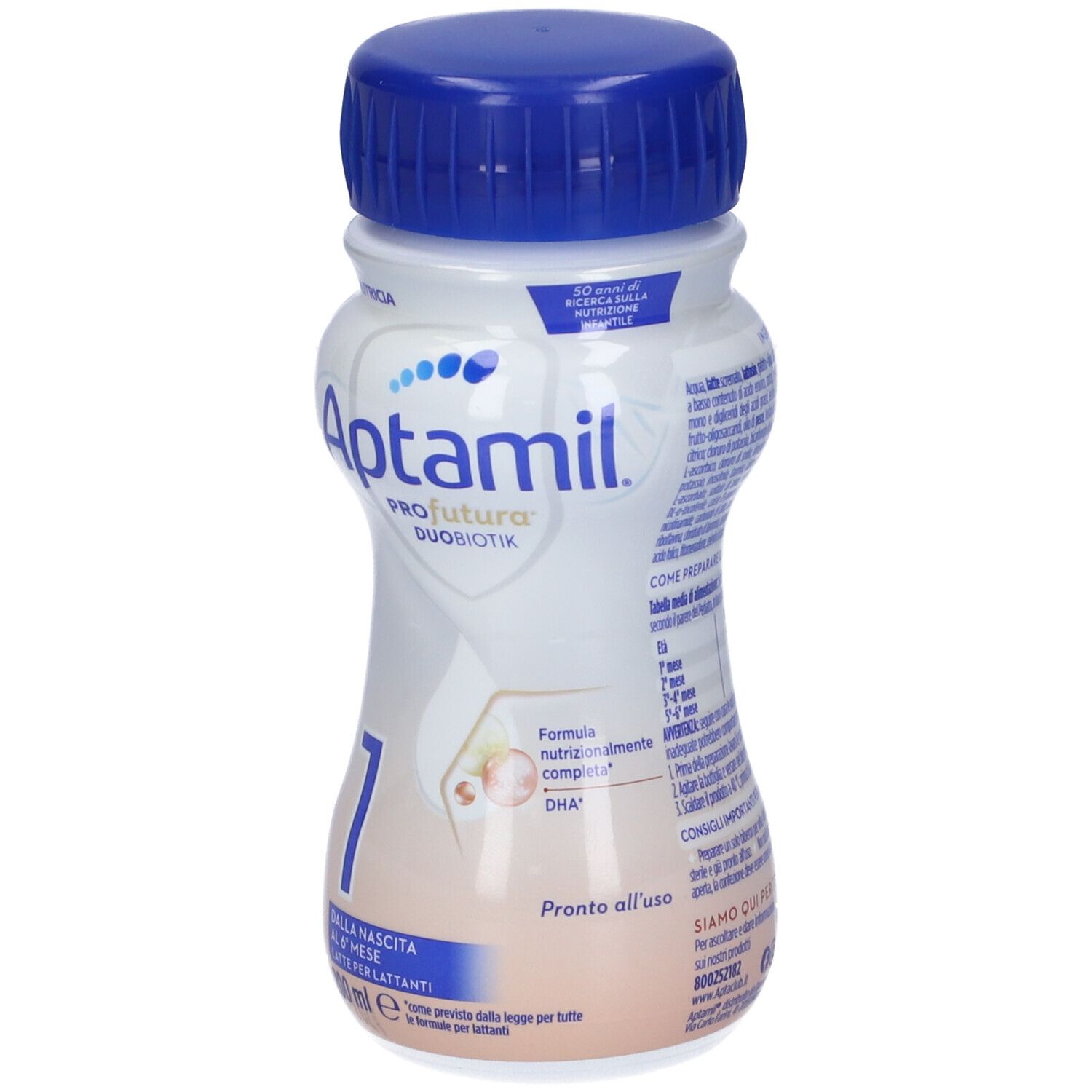Bottiglia Aptamil Profutura Duobiotik 1. Bottiglia bianca e blu con tappo blu. Scritta: Aptamil, 1, DHA. 200ml.