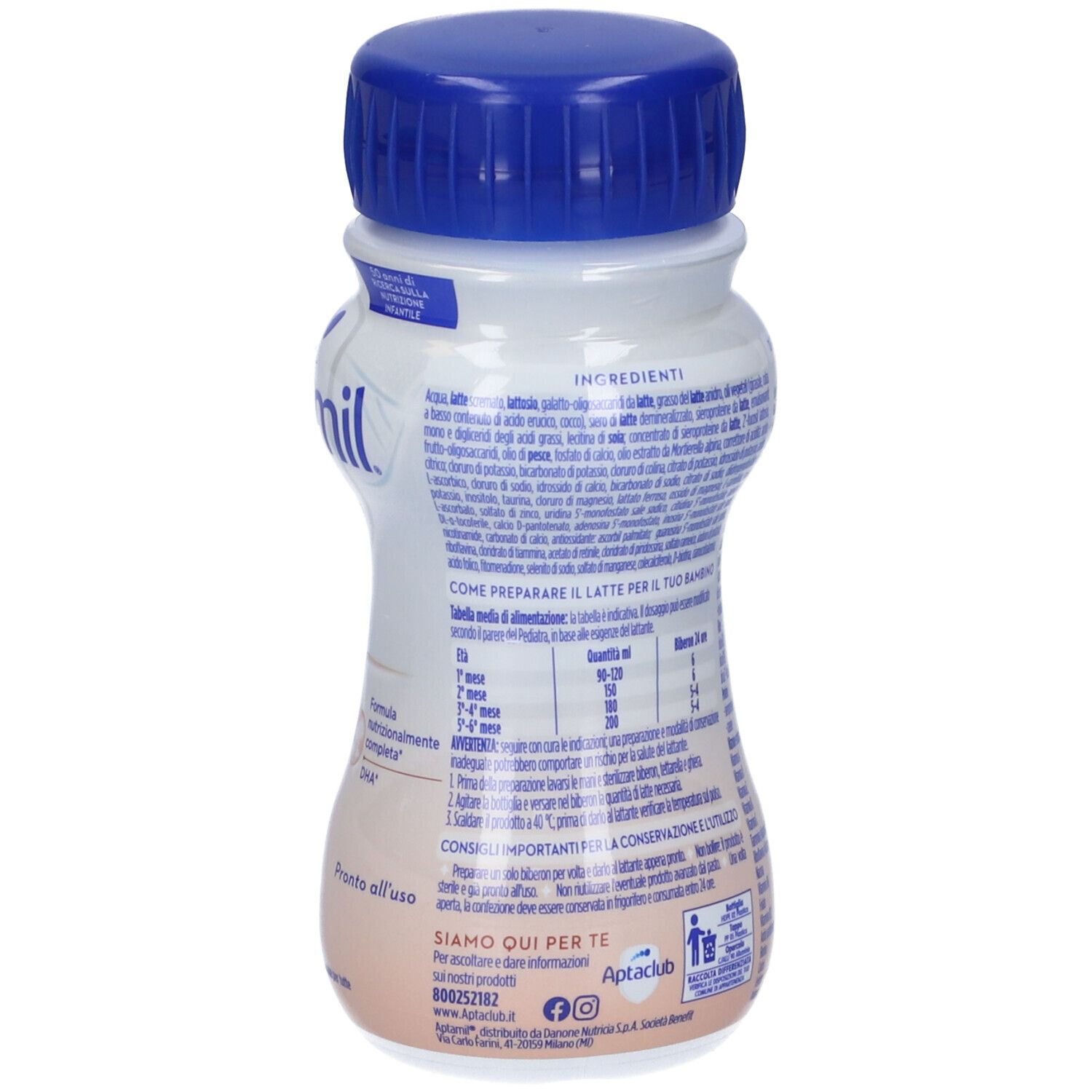 Retro della bottiglia Aptamil Profutura Duobiotik 1. Bottiglia bianca con tappo blu. Testo con ingredienti e preparazione.