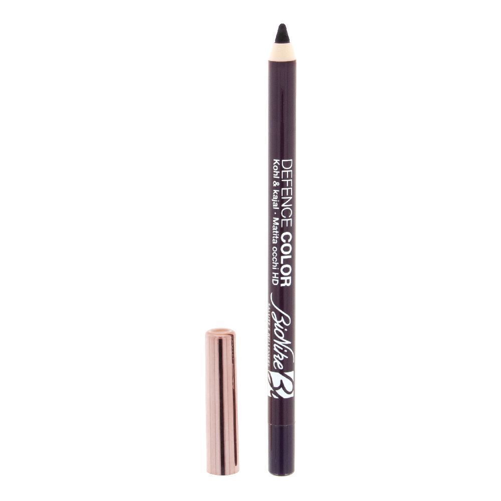 Matita occhi viola con cappuccio oro rosa. Scritta: Defence Color, Kohl & Kajal, Matita occhi HD. Marchio: Bionike.