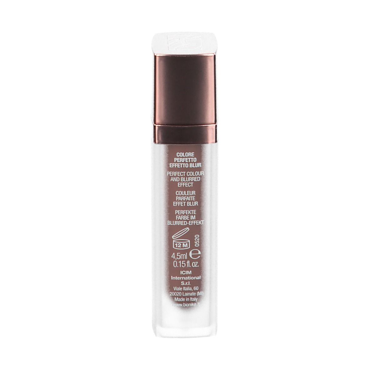 BioNike DEFENCE COLOR Matlaque. Retro del flacone con testo. Scritta: PERFECT COLOUR AND BLURRED EFFECT.