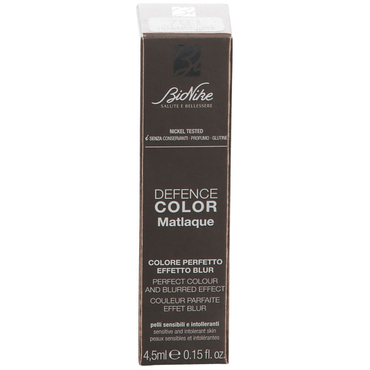Confezione BioNike DEFENCE COLOR Matlaque. Scritte DEFENCE COLOR e Matlaque. Nickel Tested. 4,5ml.