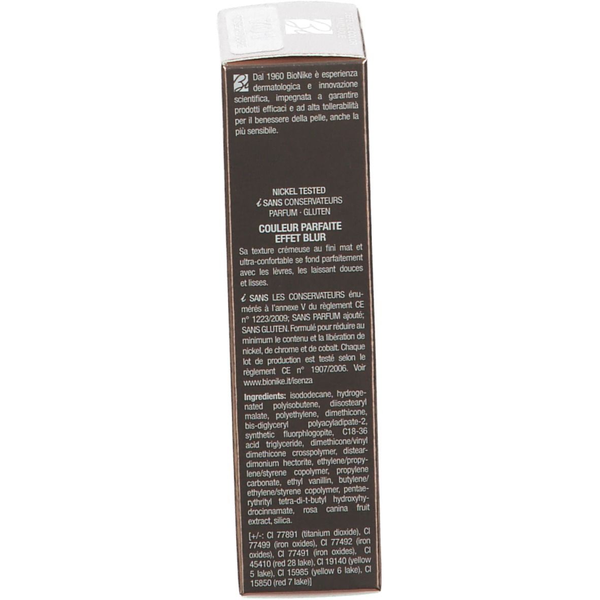 Confezione BioNike DEFENCE COLOR Matlaque. Retro con testo. Ingredienti e informazioni. Nickel Tested.