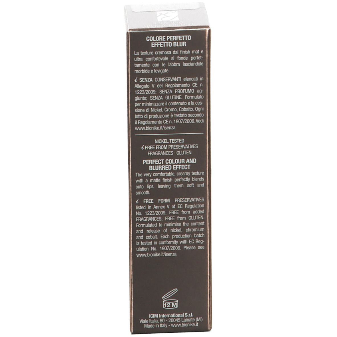 Confezione BioNike DEFENCE COLOR Matlaque. Testo su ingredienti e proprietà. Nickel Tested. Senza glutine.