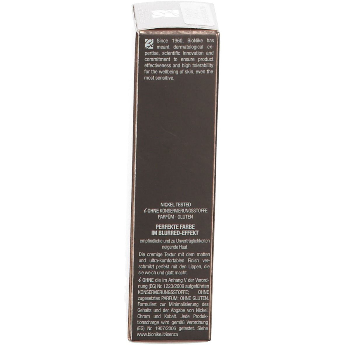 Confezione BioNike DEFENCE COLOR Matlaque. Testo su proprietà e ingredienti. Nickel Tested. Senza glutine.