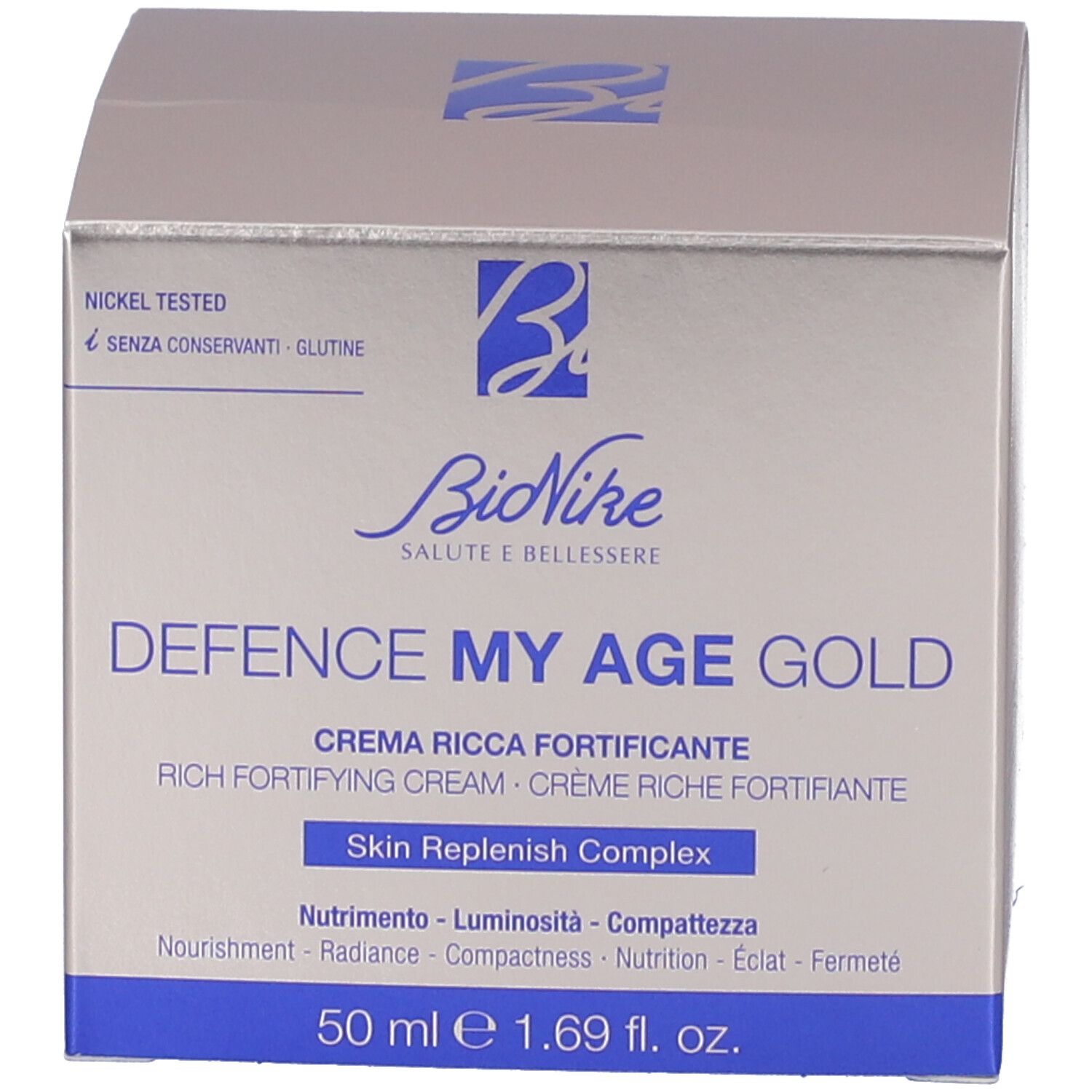 Produktverpackung und Tiegel. Aufschrift: BioNike, DEFENCE MY AGE GOLD, Rich Fortifying Cream. Blauer Schriftzug. 50 ml.