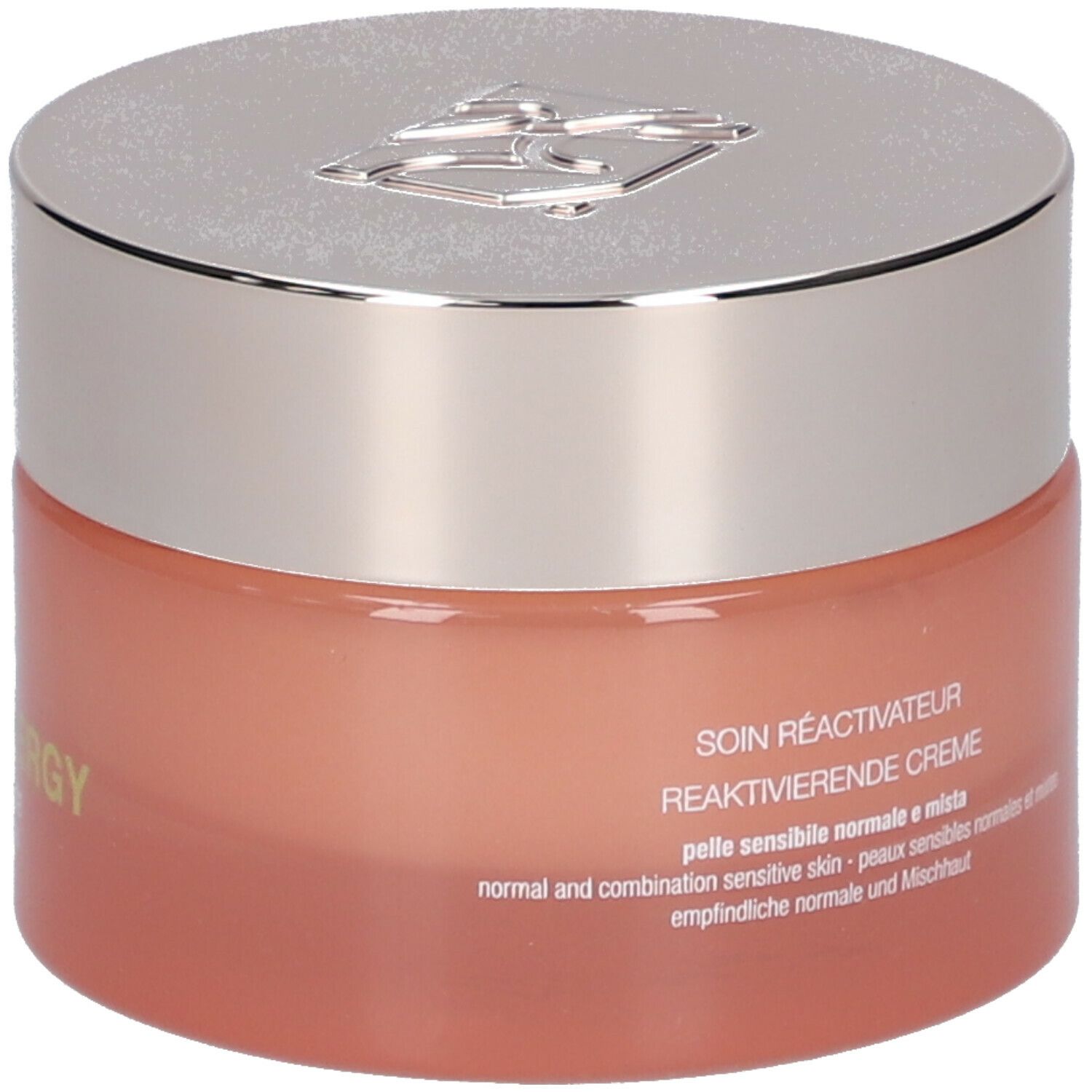 Vaso di crema con coperchio argentato. Scritta: Defence Skinergy, Crema Riattivante. Marchio: BioNike.