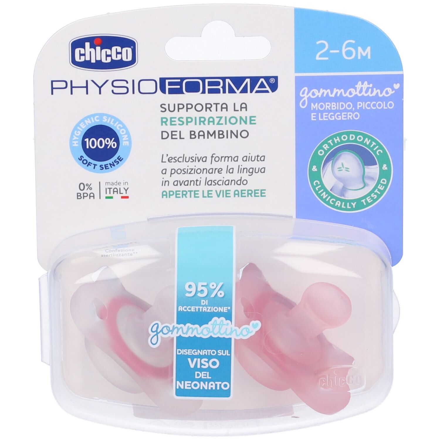 Due succhietti rosa in confezione trasparente. Marchio e nome del prodotto visibili. Età consigliata: 2-6 mesi.