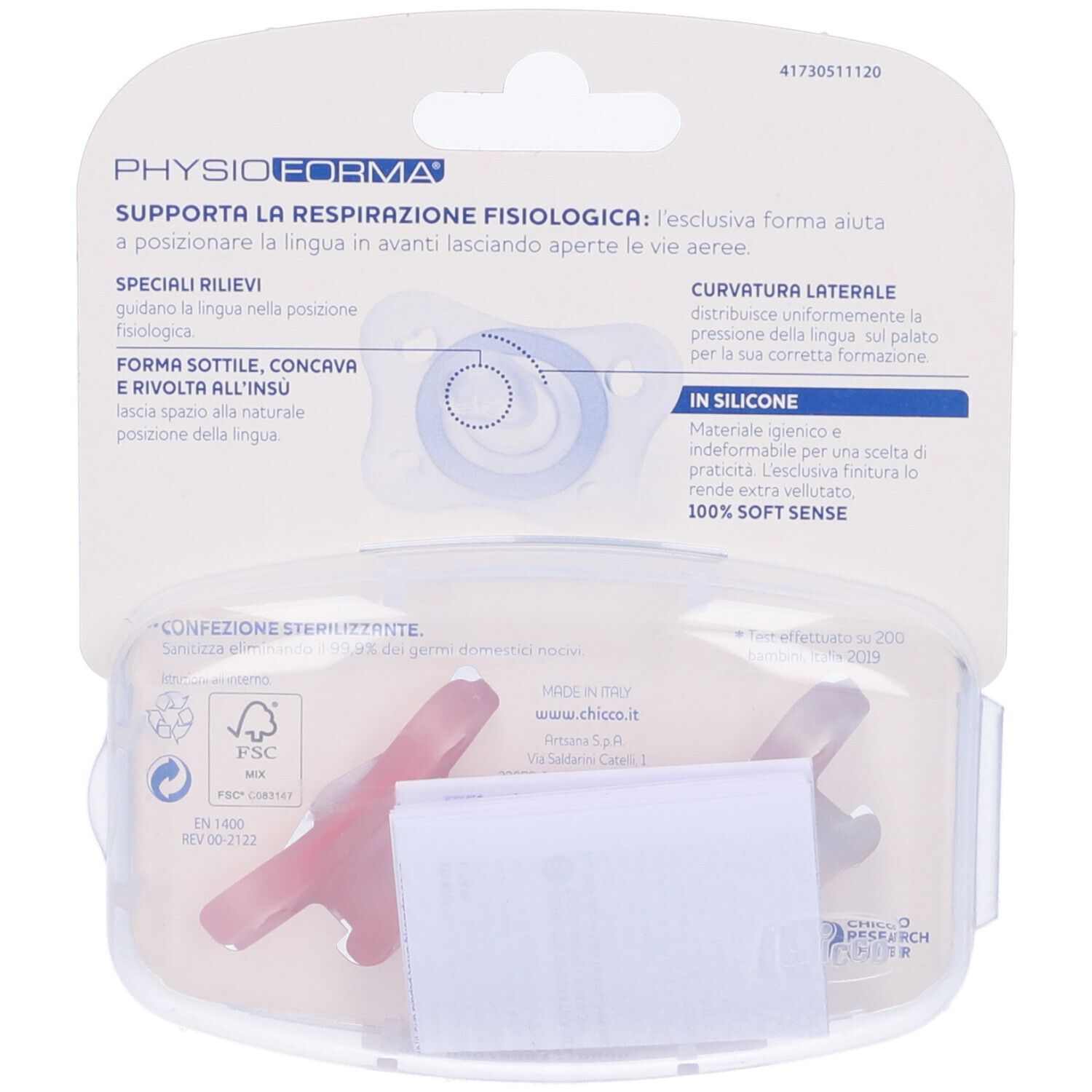 Retro della confezione con due succhietti rosa. Informazioni sul prodotto e certificazioni visibili.