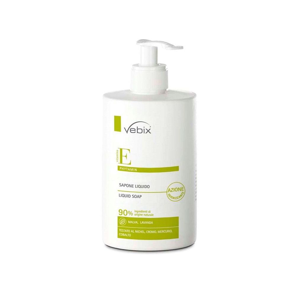 Flacone bianco con dispenser. Scritte: Vebix, Phytamin E, sapone liquido. Etichette verdi con testo.
