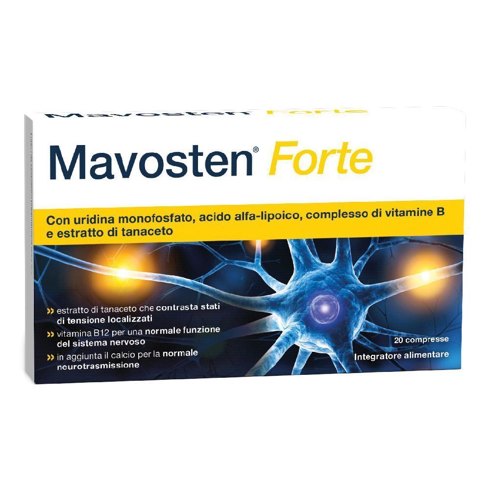 Scatola di Mavosten Forte. Scritta e ingredienti. Illustrazione di un modello di cellula nervosa.