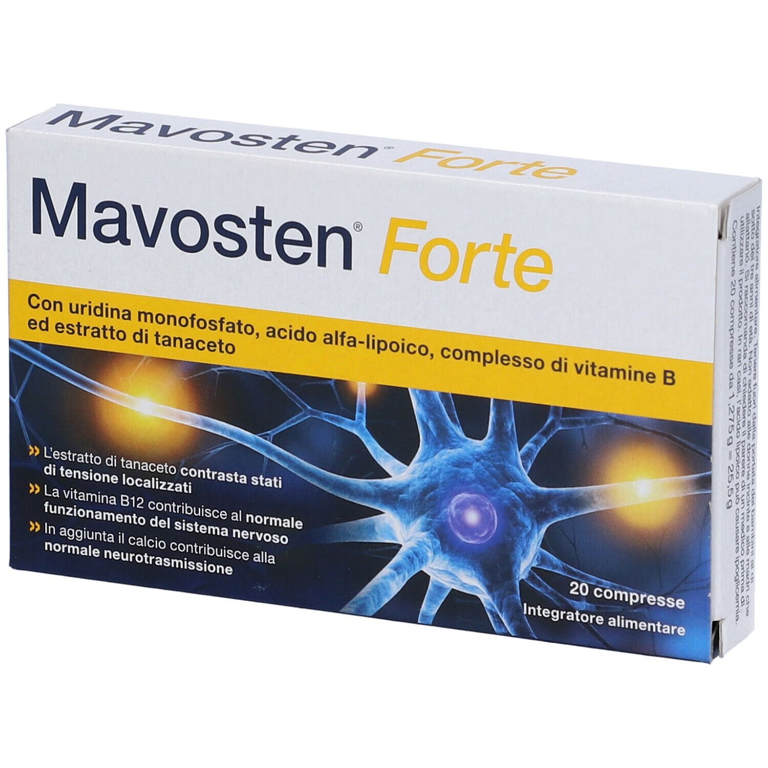 Scatola Mavosten Forte, vista laterale. Scritta, ingredienti e modello di cellula nervosa.