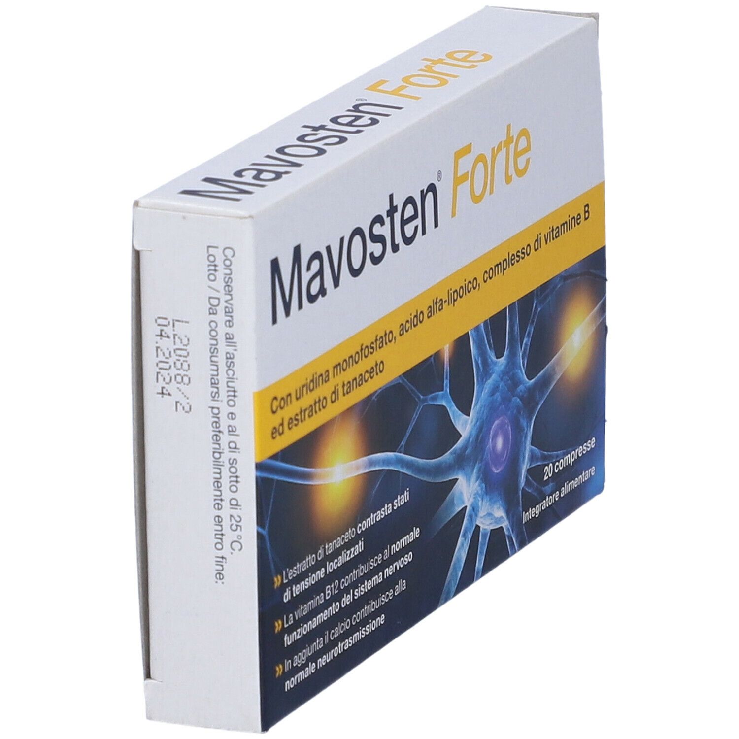 Scatola Mavosten Forte, vista laterale obliqua. Scritta, ingredienti e modello di cellula nervosa.