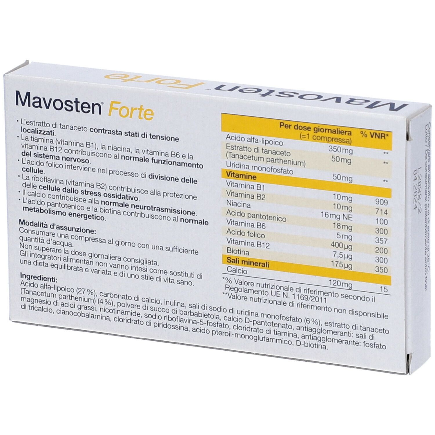 Retro della scatola di Mavosten Forte. Ingredienti, informazioni nutrizionali e istruzioni per l'uso.