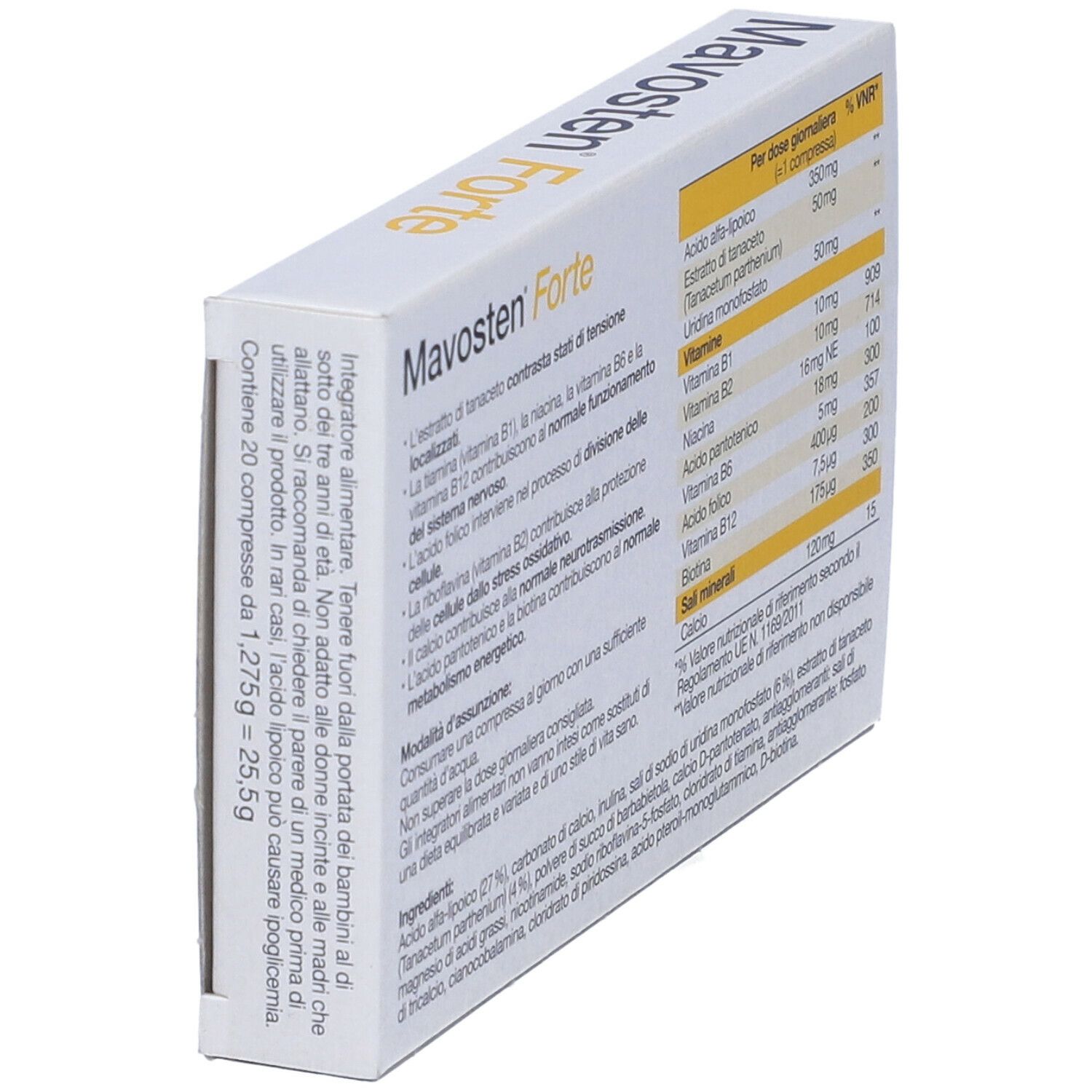 Scatola Mavosten Forte, vista laterale obliqua. Retro con ingredienti e informazioni nutrizionali.