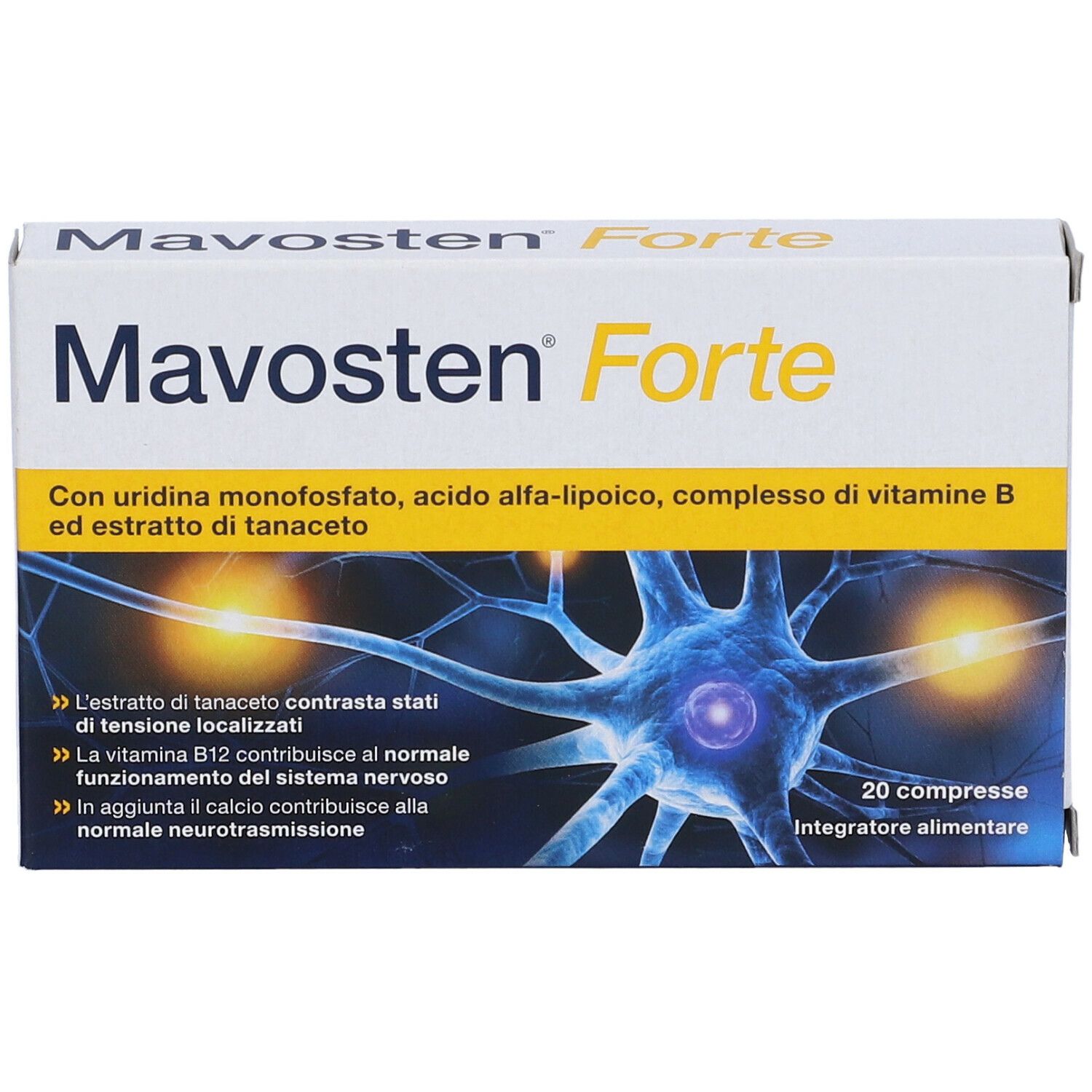 Scatola di Mavosten Forte. Scritta, ingredienti e modello di cellula nervosa. 20 compresse.