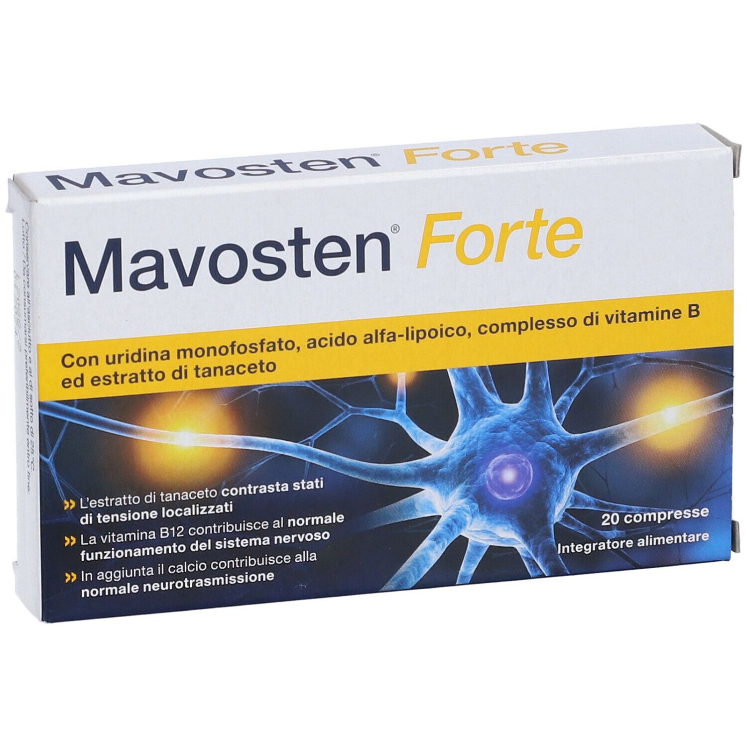 Scatola di Mavosten Forte. Scritta, ingredienti e modello di cellula nervosa. 20 compresse.
