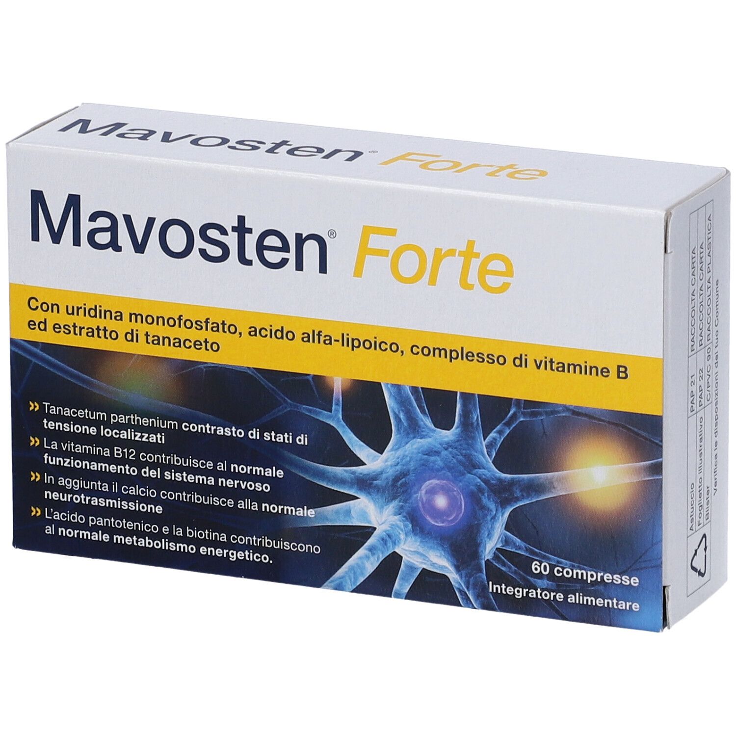 Scatola "Mavosten Forte" con 60 compresse. Contiene ingredienti e illustrazione di cellule nervose. Testo in italiano.