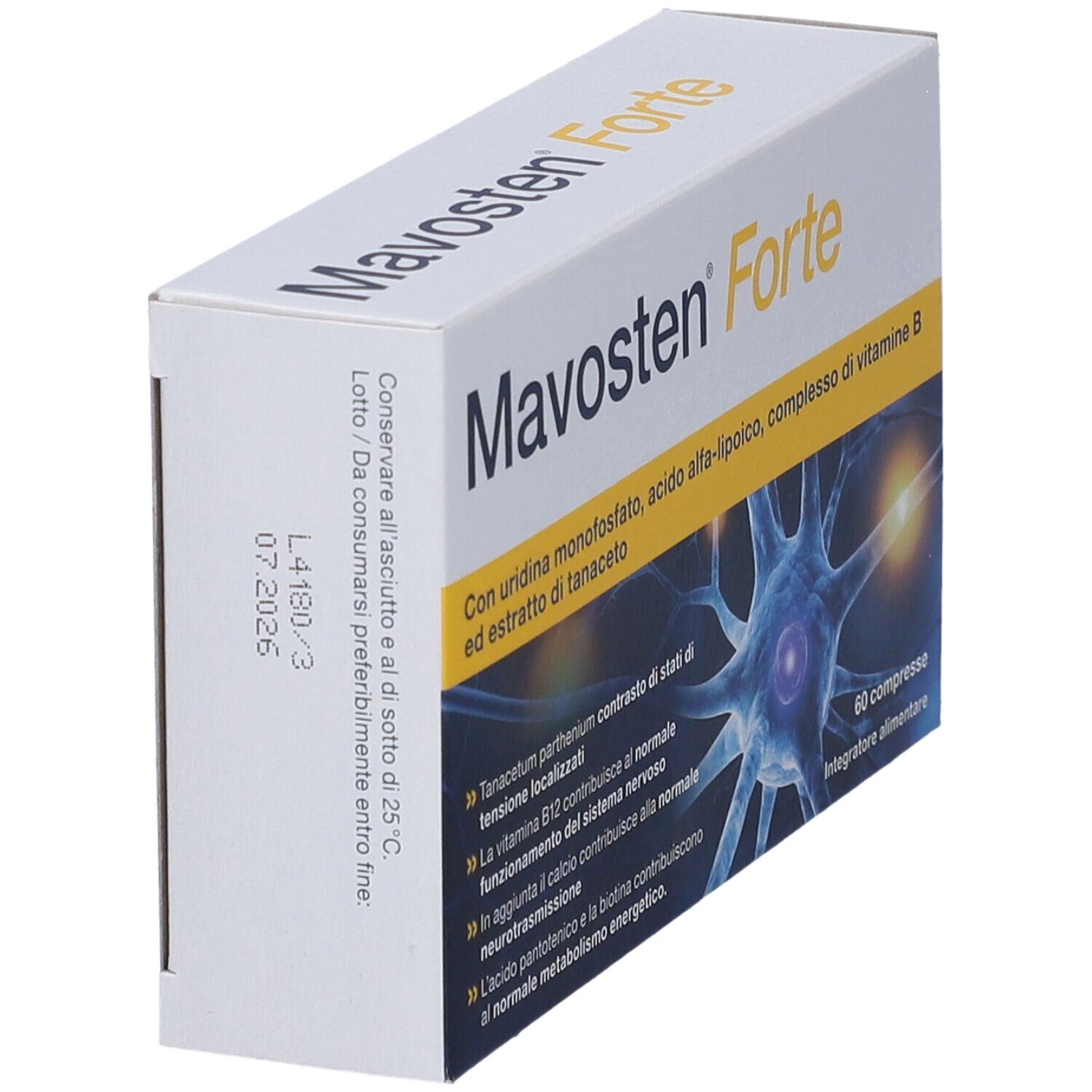Scatola "Mavosten Forte" in prospettiva. Contiene 60 compresse. Testo in italiano.