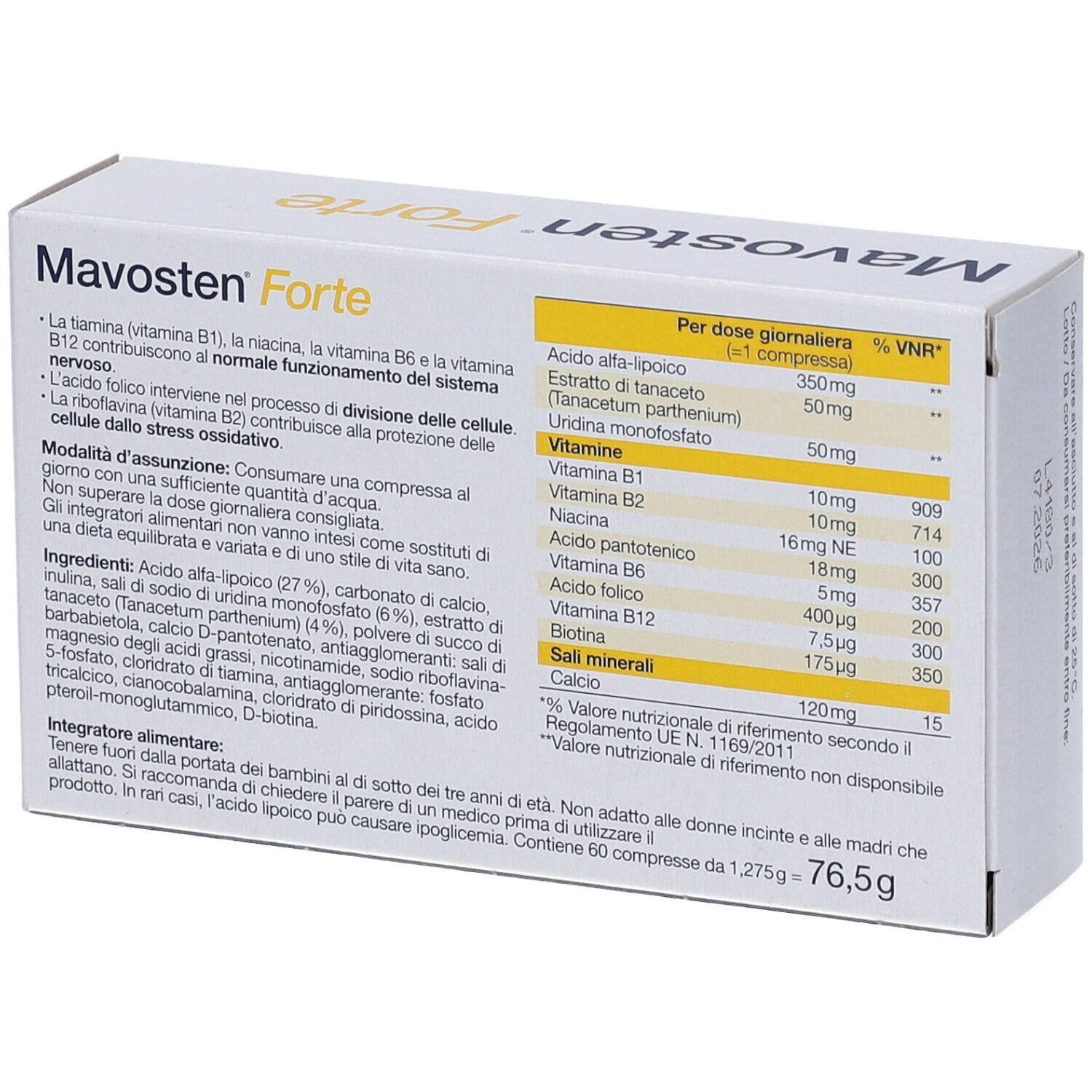 Retro della scatola "Mavosten Forte". Contiene informazioni sugli ingredienti e tabella nutrizionale. Testo in italiano.