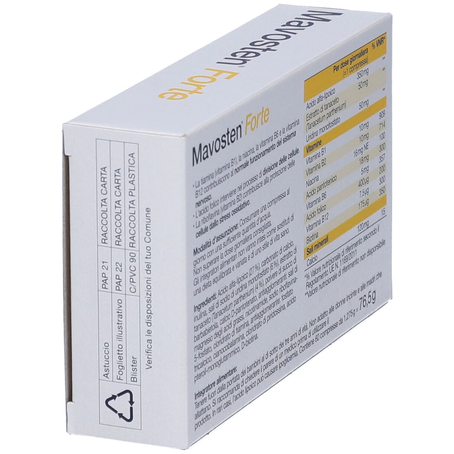 Scatola "Mavosten Forte" in prospettiva. Contiene informazioni sugli ingredienti e tabella nutrizionale. Testo in italiano.