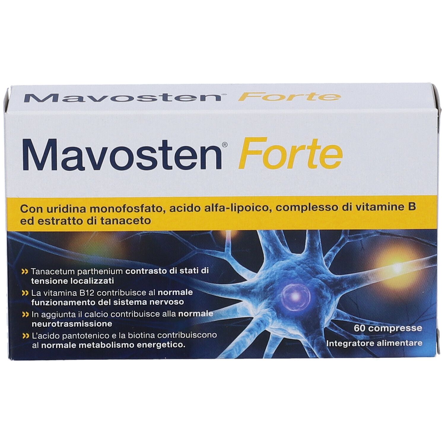 Scatola "Mavosten Forte" con 60 compresse. Contiene ingredienti e illustrazione di cellule nervose. Testo in italiano.